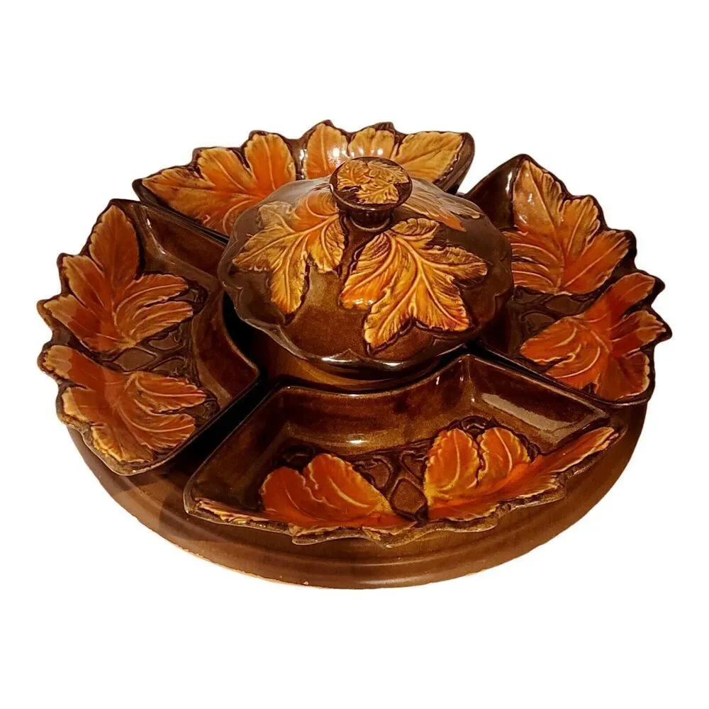 7 Pc Vintage Lazy Susan Fall Themed Red Yellow Leaves Pottery Serving Set‎ USA